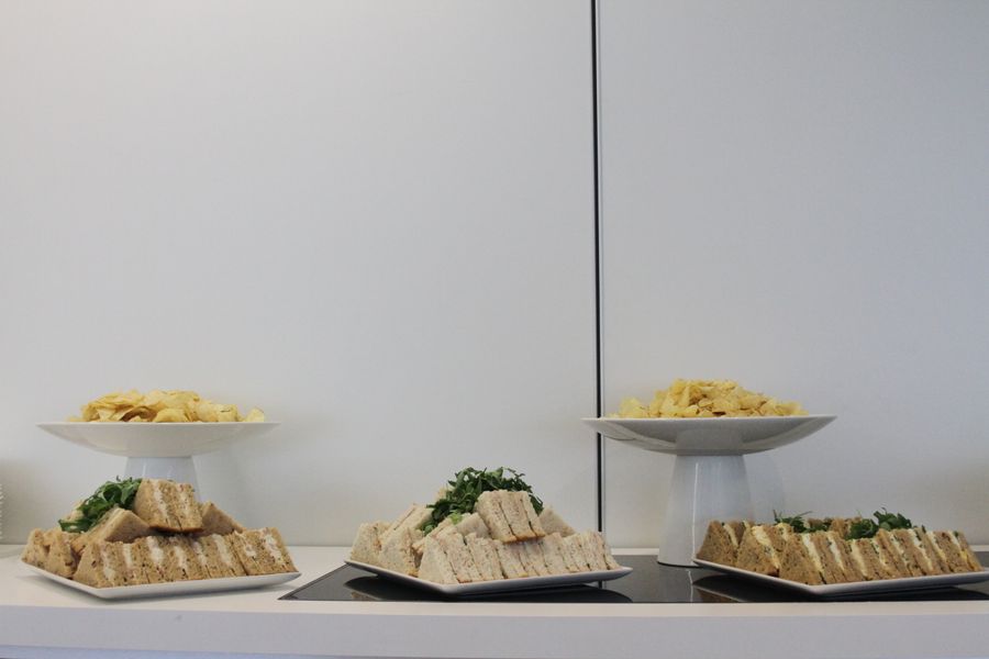A clean, professionally arranged catering spread ready for a meeting